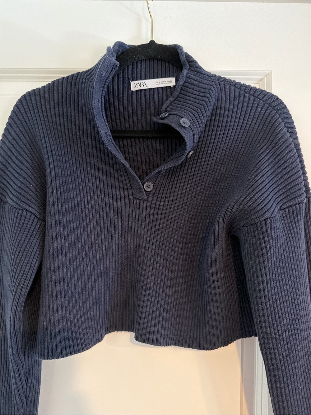 Zara Ribbed Knit Cropped Mock Neck Sweater Navy Blue Size Medium